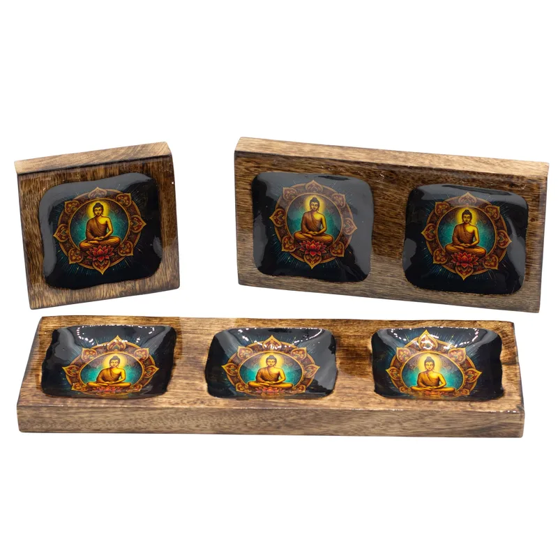Lrg Enamelled Mango Tray Set Buddha