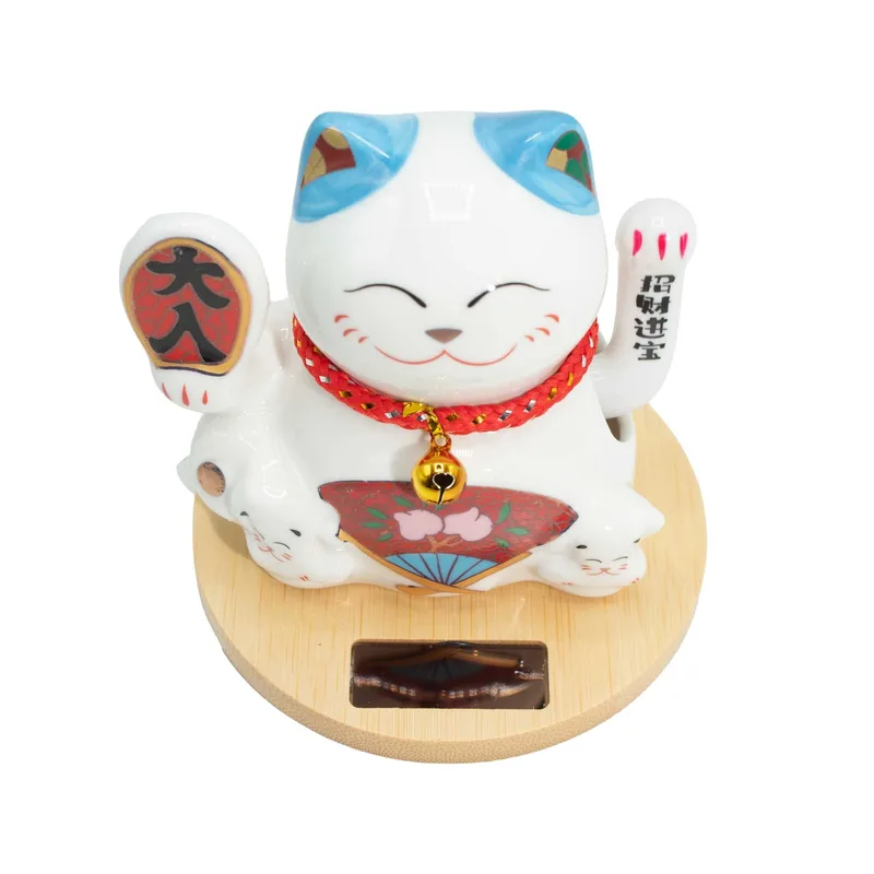 Solar Money Cat Wooden Base Blu moving Hand