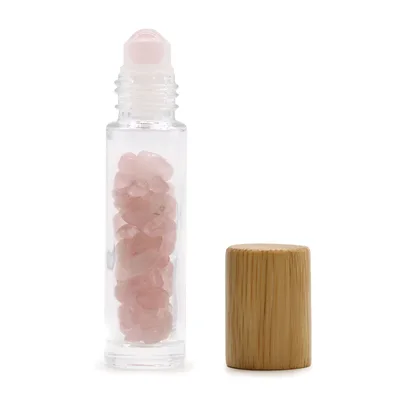 Olio Roller Bottiglia con Pietra Preziosa – Quarzo Rosa – Cappuccio in Legno + Punta Roller in Pietra Preziosa per Flacone da 5 ml – Quarzo Rosa