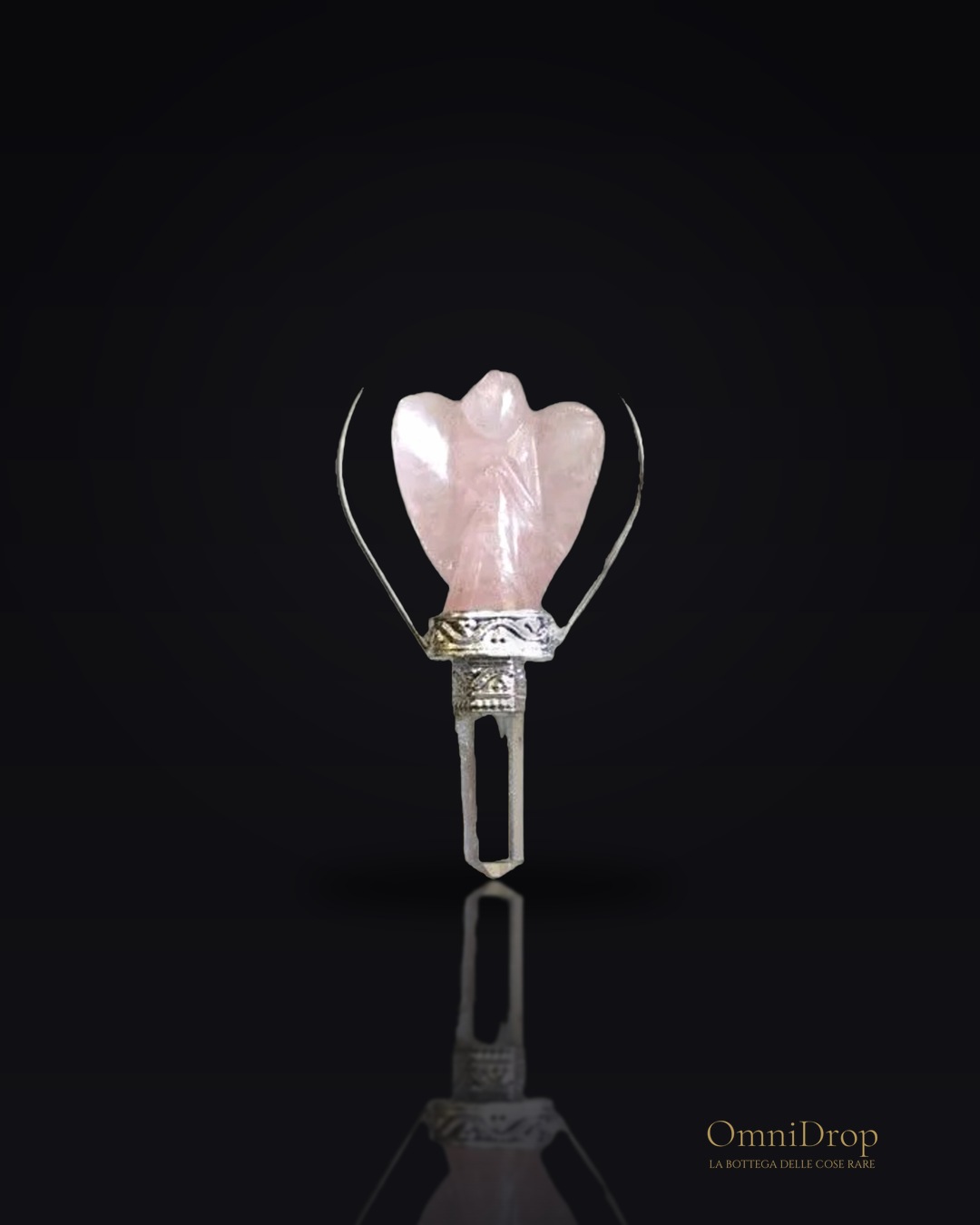 Pendolo Angelo con anello di quarzo rosa, per aprire il cuore e trovare serenità