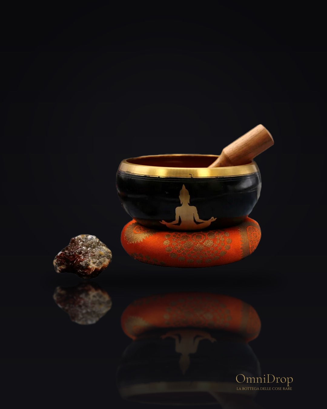 Set campana tibetana con Buddha nero e arancio, Un rituale di pace e consapevolezza