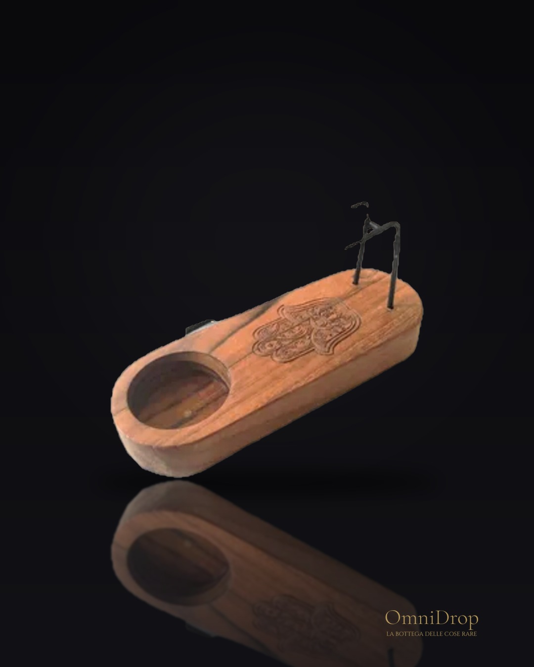Bruciatore di Palo Santo in teak con simbolo Hamsa, protezione e purificazione dell'anima