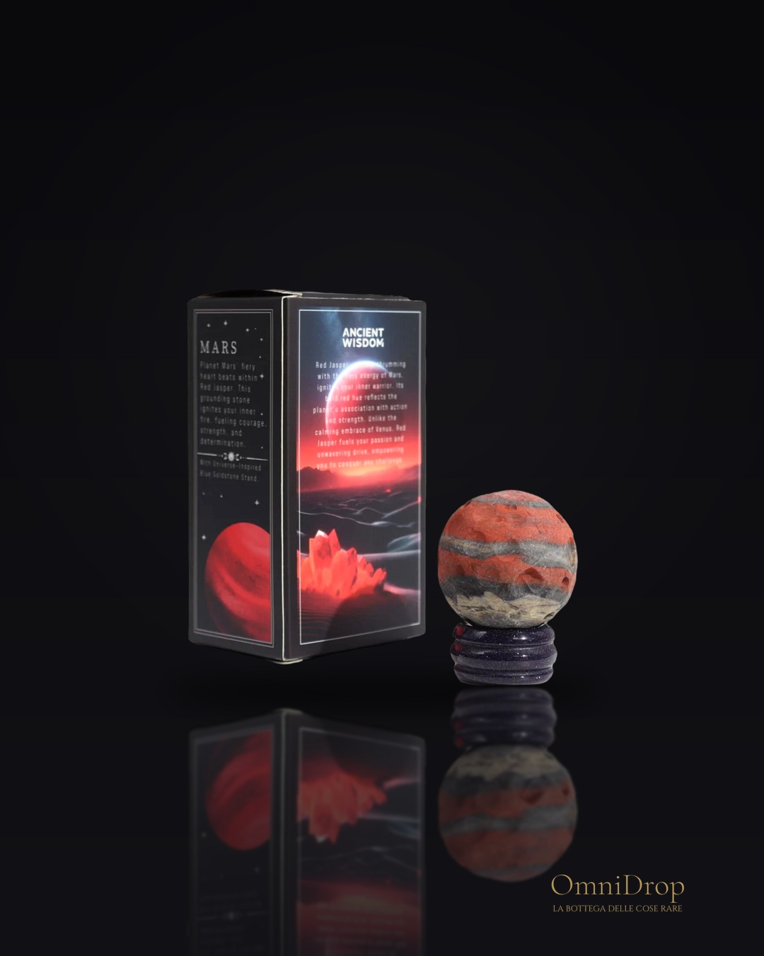 Sfera di diaspro rosso su supporto in pietra dorata, Per ritrovare l'equilibrio e il centro