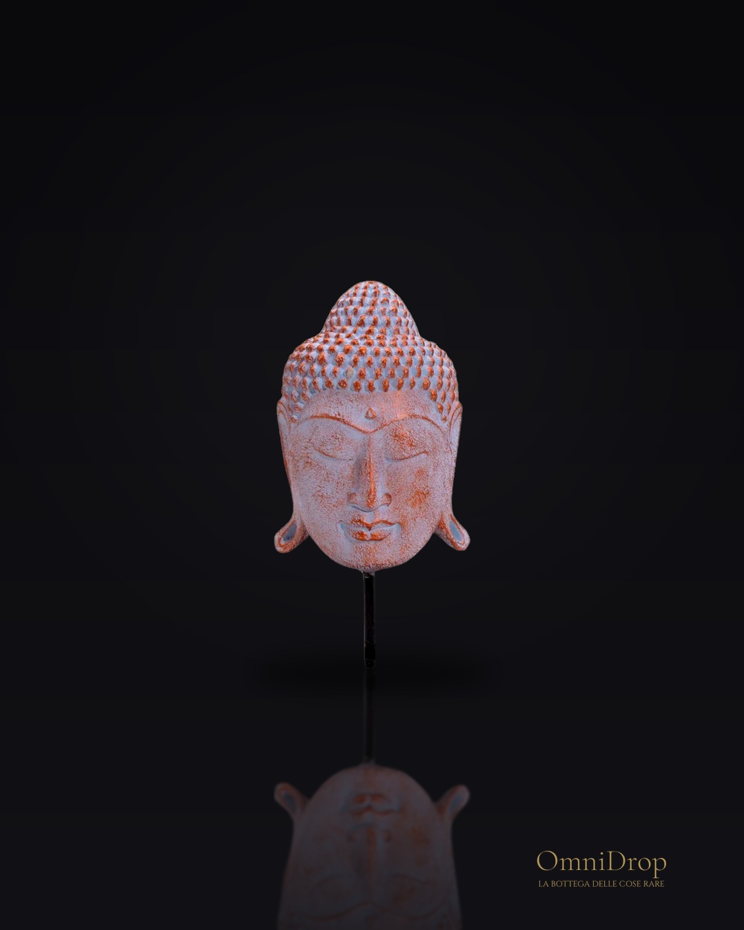 Testa di Buddha in rame blu con supporto - per un angolo di serenità