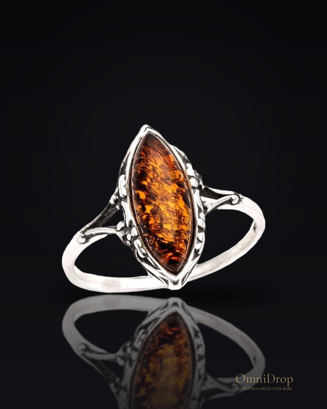 Anello con ambra di finocchio della nave del Mar Baltico in argento invecchiato 925, per portare con te la serenità dei