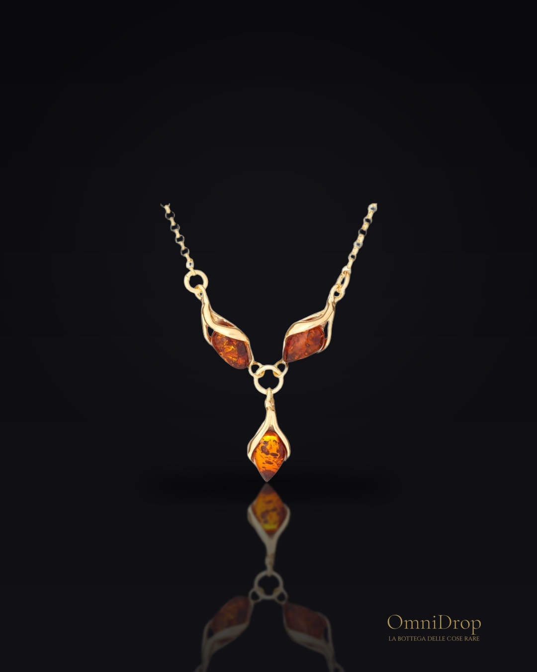 Collana in argento dorato 925 con ambra cognac, 42 cm + 3 cm, per custodire la