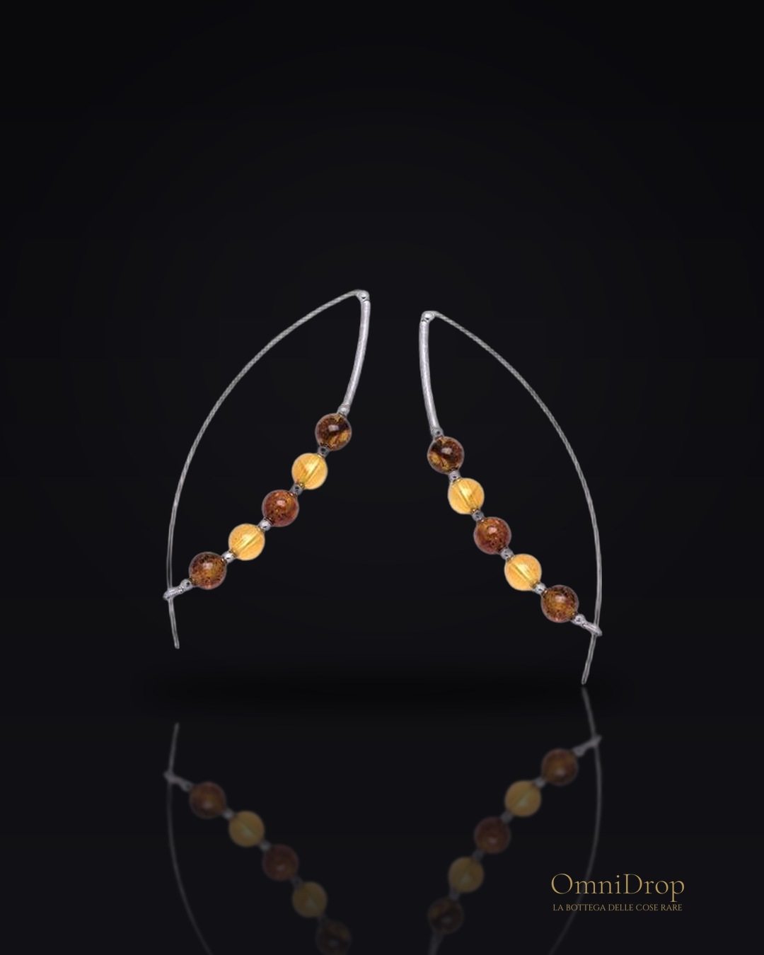 Orecchini lunghi in argento rodiato con ambra multicolore, per risvegliare la tua luce