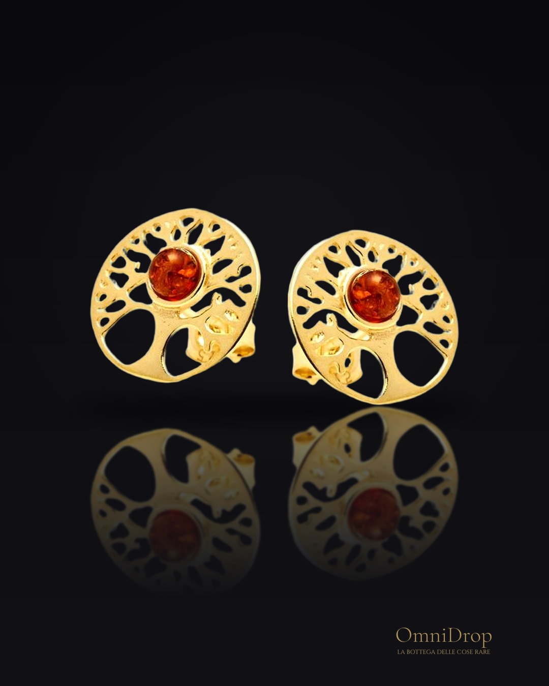 Orecchini albero della vita in argento dorato 925 con ambra cognac, per custodire la tua forza