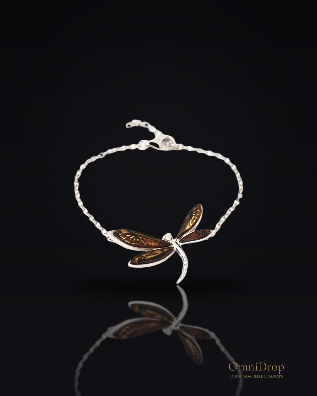 Bracciale libellula in argento rodiato con ambra multicolore, per celebrare leggerezza