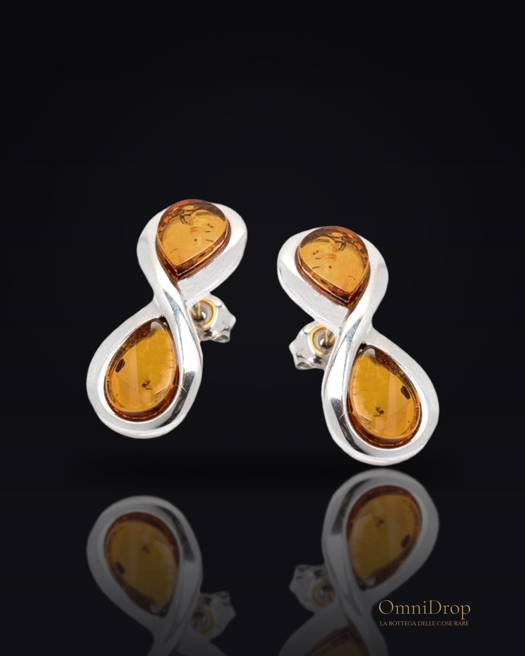 Orecchini in argento rodiato con ambra cognac, per custodire la tua luce