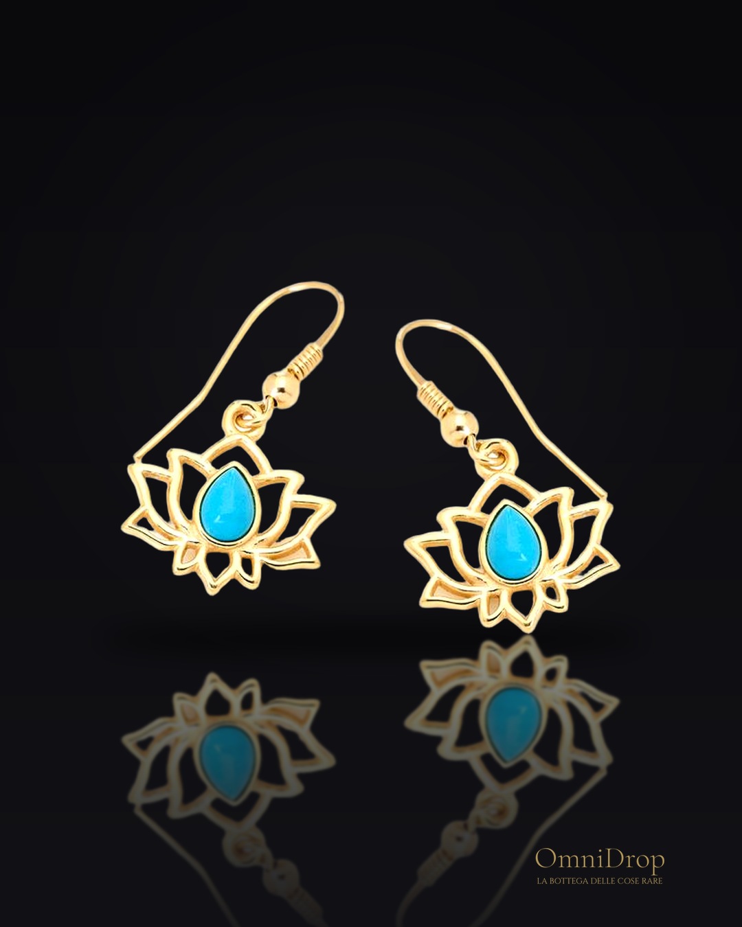 Orecchini Lotus in argento 925 dorato con turchese blu, per custod