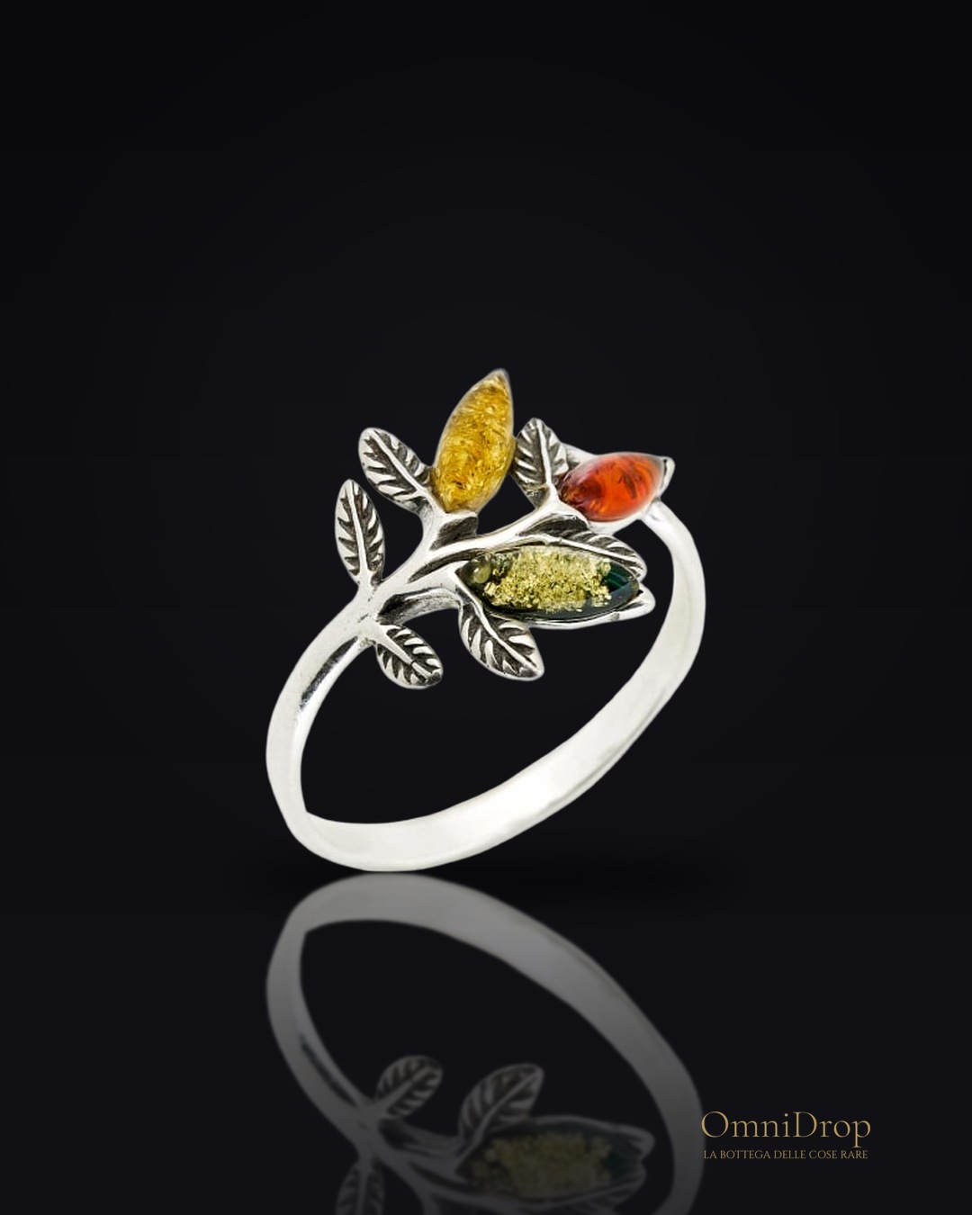Anello foglie ambra multicolore, per parlare al tuo cuore
