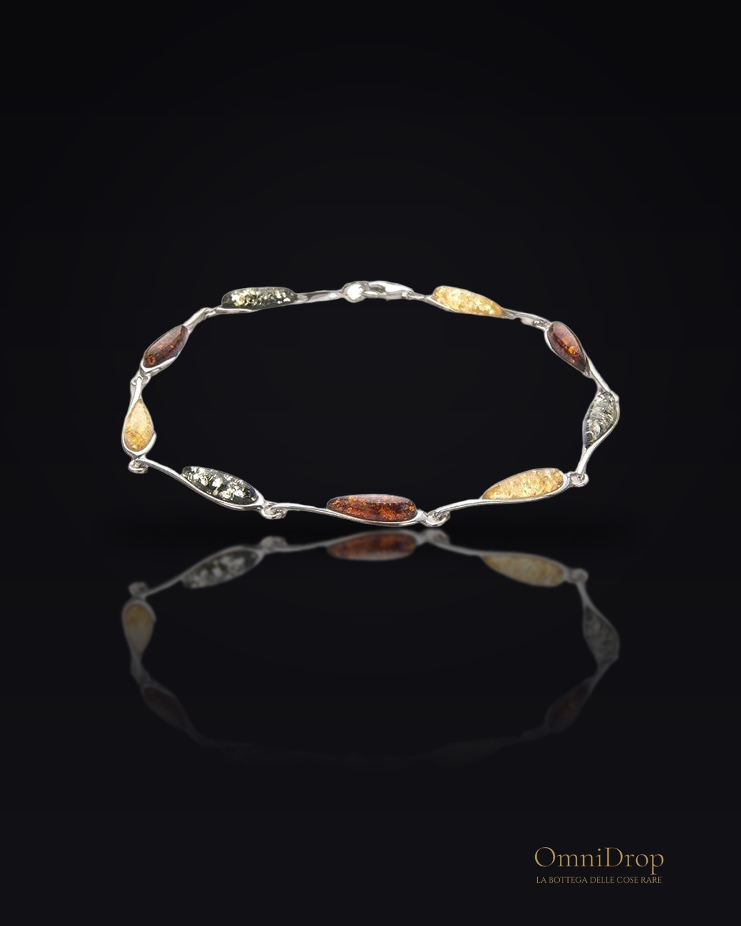 Bracciale in ambra baltica multicolore goccia, argento rodiato 925, 20 cm