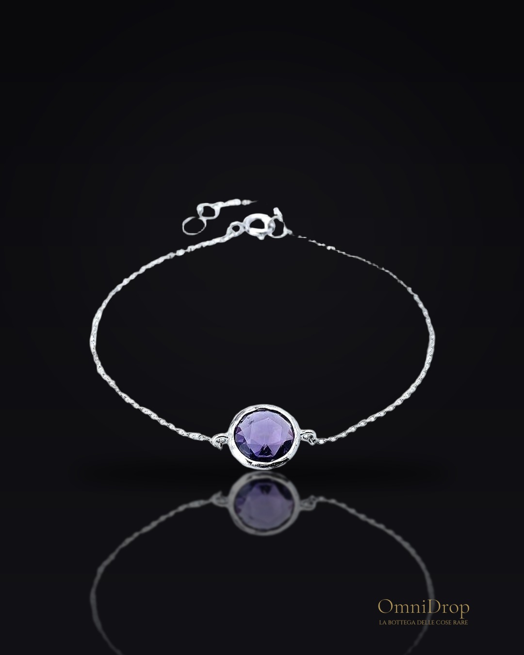 Bracciale in ametista viola tonda naturale, in argento rodiato 925, 17-19 cm