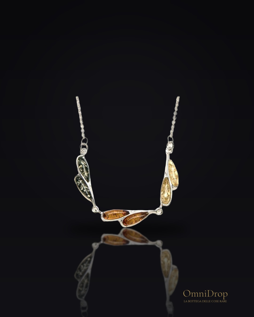 Collana in ambra baltica multicolore goccia, argento rodiato 925, 42+4 cm