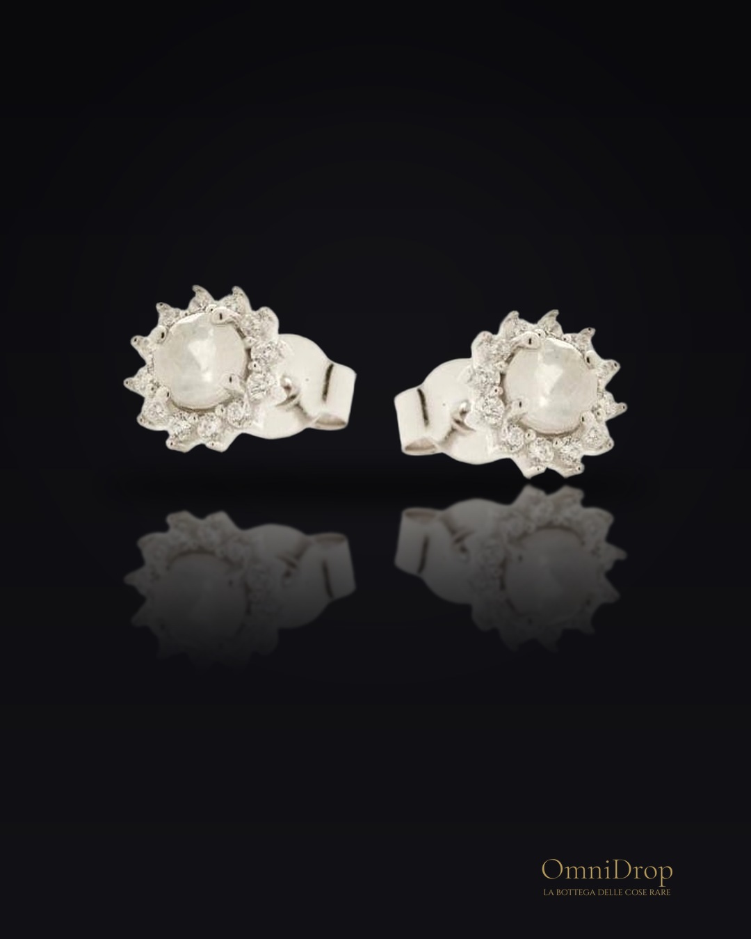 Orecchini a lobo in pietra di luna bianca tonda, argento rodiato 925, 4 mm