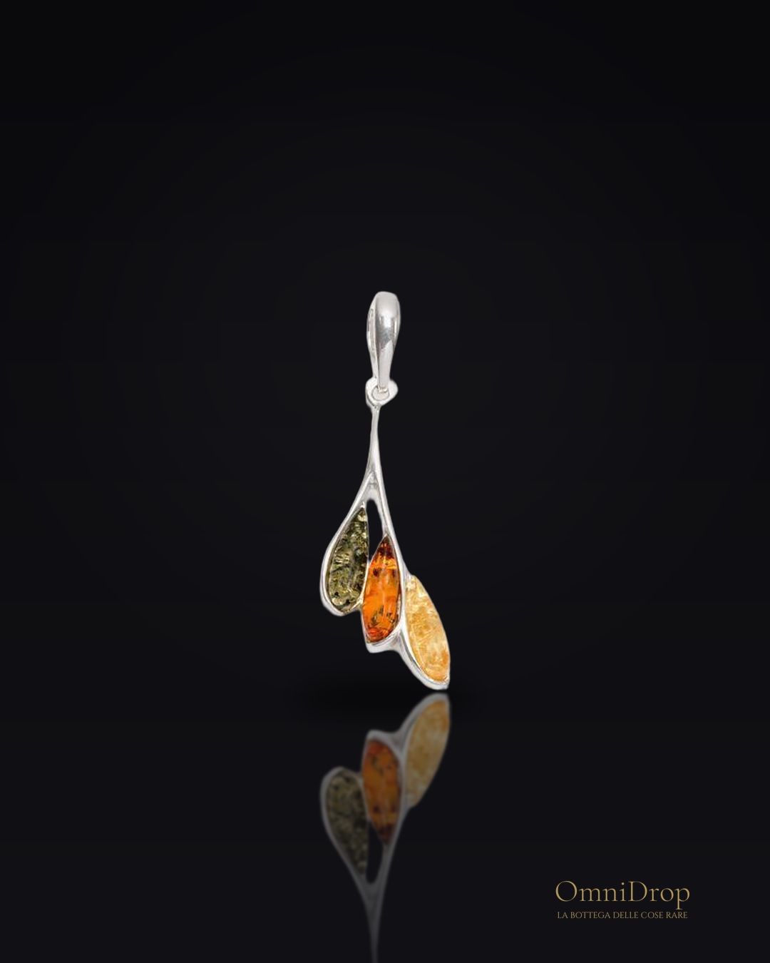Ciondolo in ambra baltica multicolore goccia, argento rodiato 925, 5x13 mm