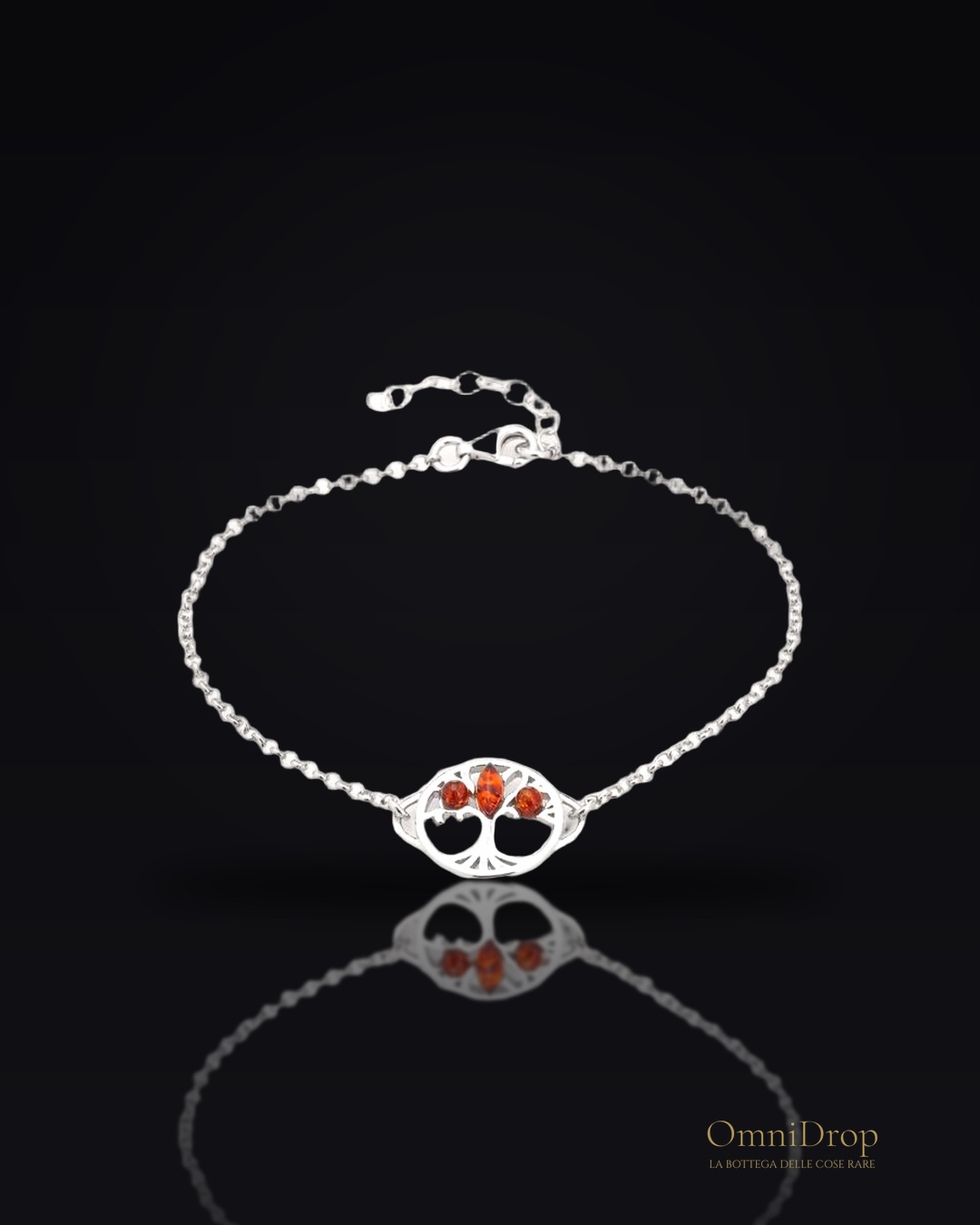 Bracciale albero della vita in ambra cognac tonda, argento rodiato 925, 16+3 cm