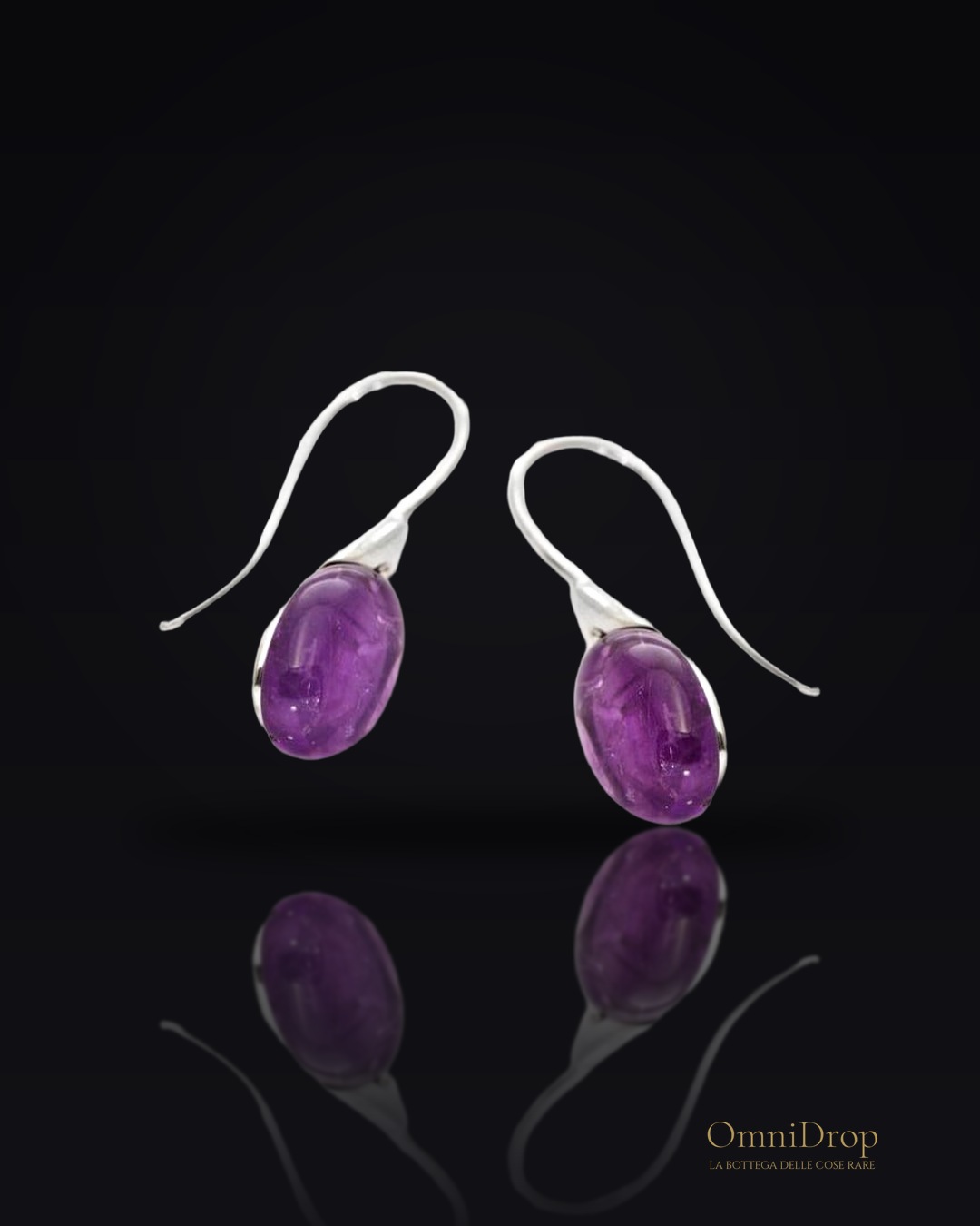 Orecchini pendenti in ametista viola ovale, argento rodiato 925, 1x2,5 cm