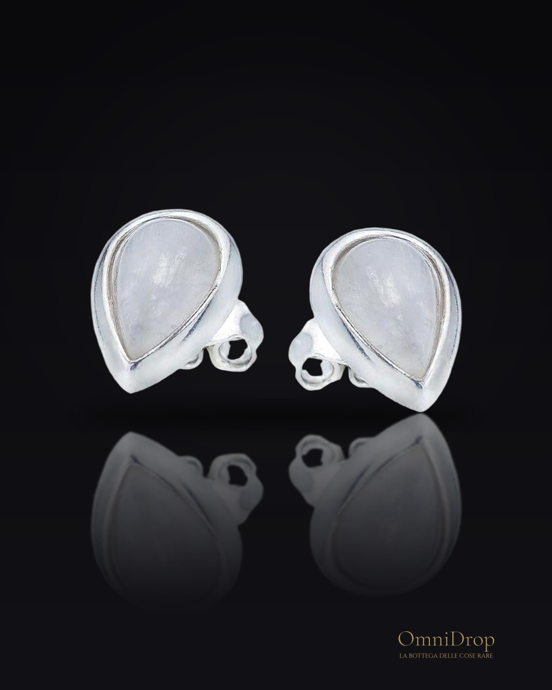 Orecchini a lobo in pietra di luna bianca goccia, argento rodiato 925, 8x6 mm