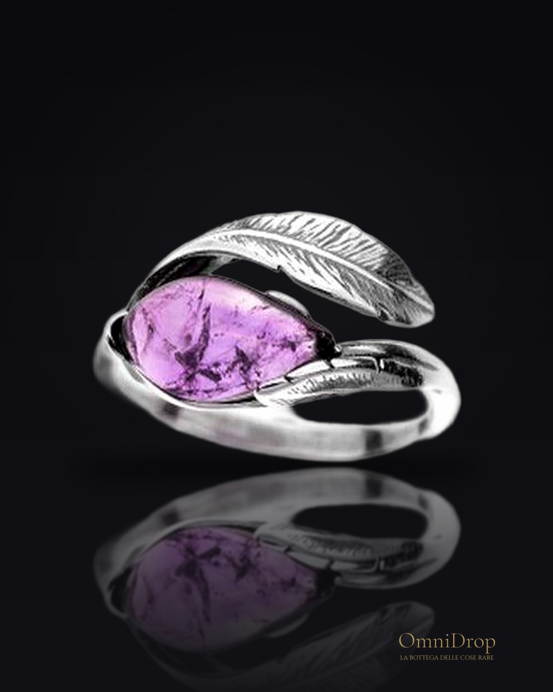 Anello in ametista viola goccia naturale, in argento rodiato 925, 2x1,2 cm