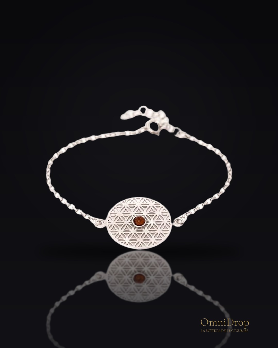 Bracciale fiore della vita in ambra cognac tonda, argento rodiato 925, 42+3 cm