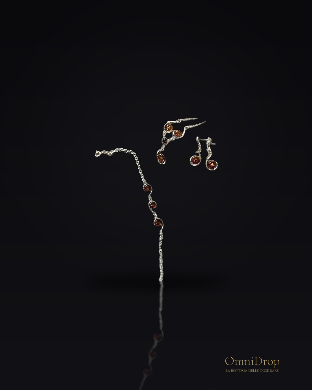 Collana in ambra baltica cognac tonda naturale, in argento 925, 42+3 cm