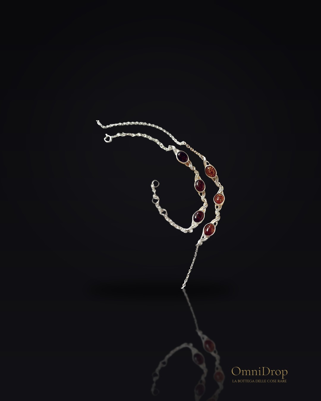 Collana in ambra baltica cognac ovale naturale, in argento 925, 42+4 cm