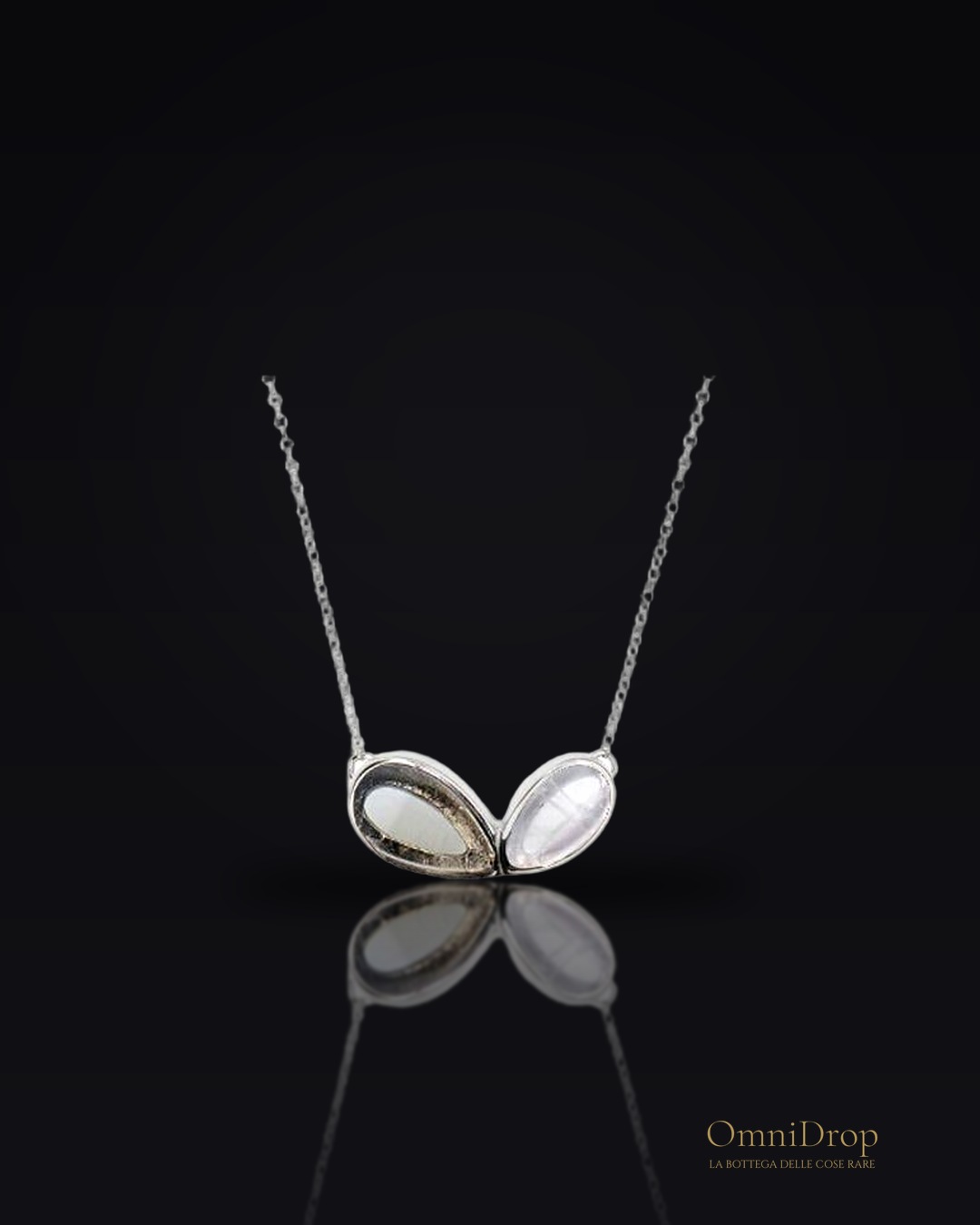 Collana in quarzo rosa multicolore goccia naturale, argento rodiato 925, 42+5 cm