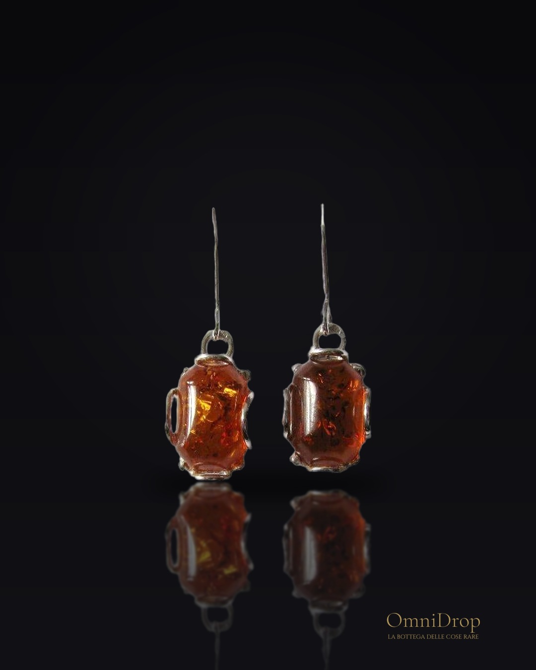 Orecchini pendenti in ambra baltica cognac rettangolare, argento 925, 8x12 mm