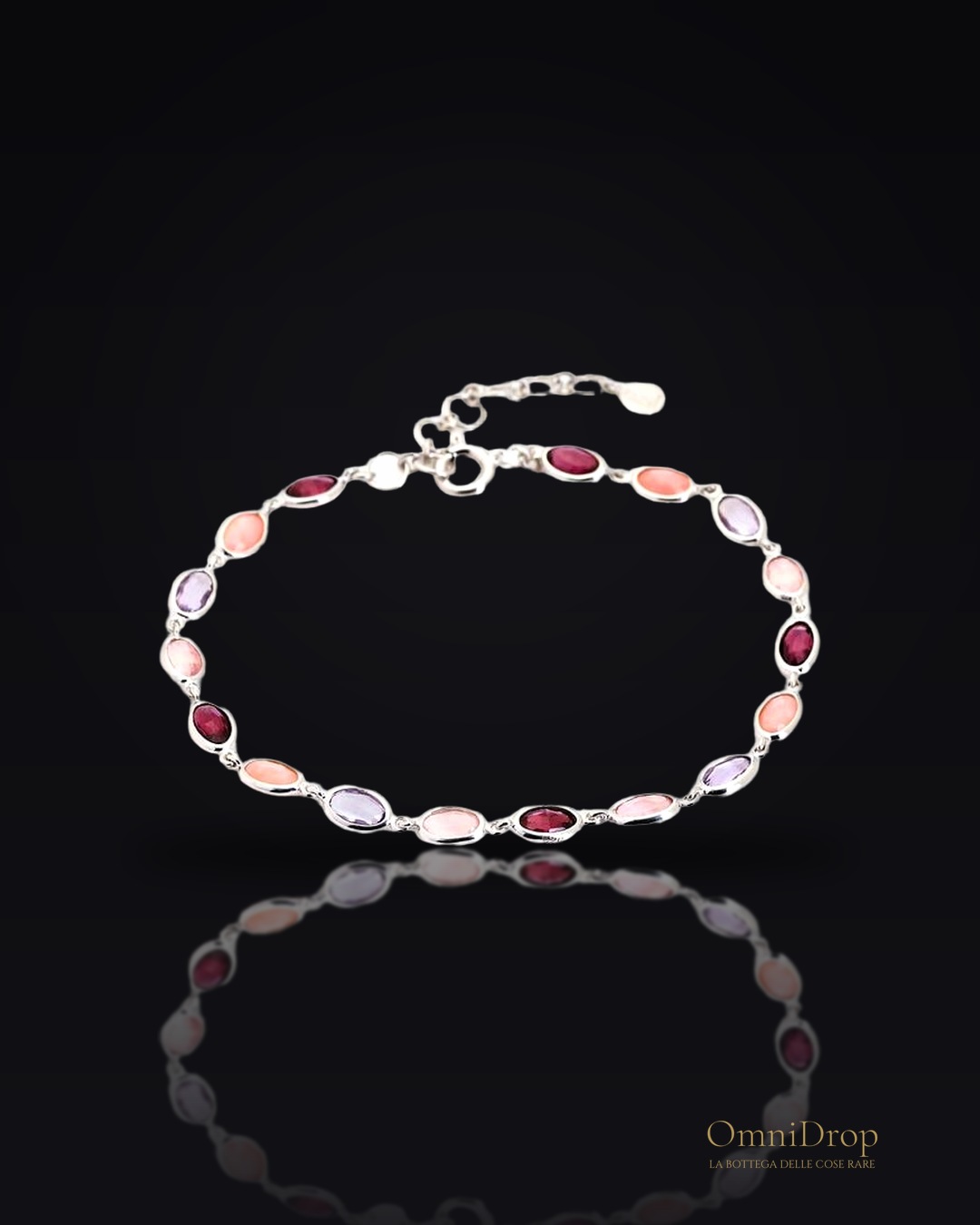 Bracciale in multipietra multicolore ovale naturale, argento rodiato 925, 3x5 mm