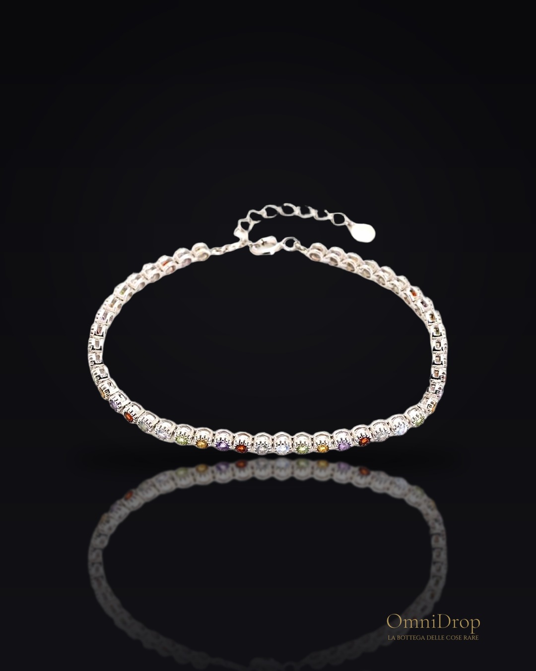 Bracciale in multipietra multicolore tonda, argento rodiato 925, 15+3 cm