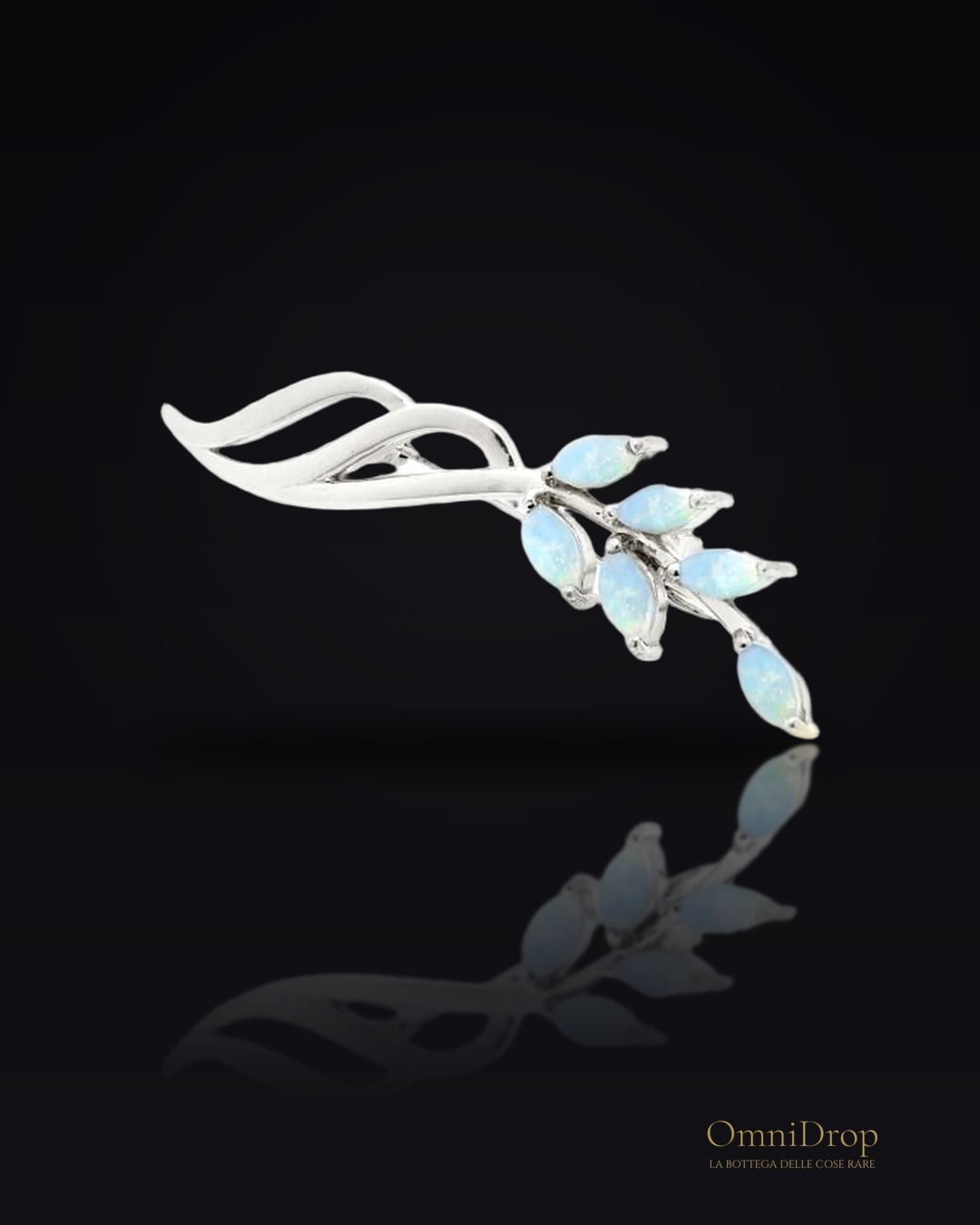 Spilla in opale bianco marquise naturale, in argento rodiato 925, 3x6 mm