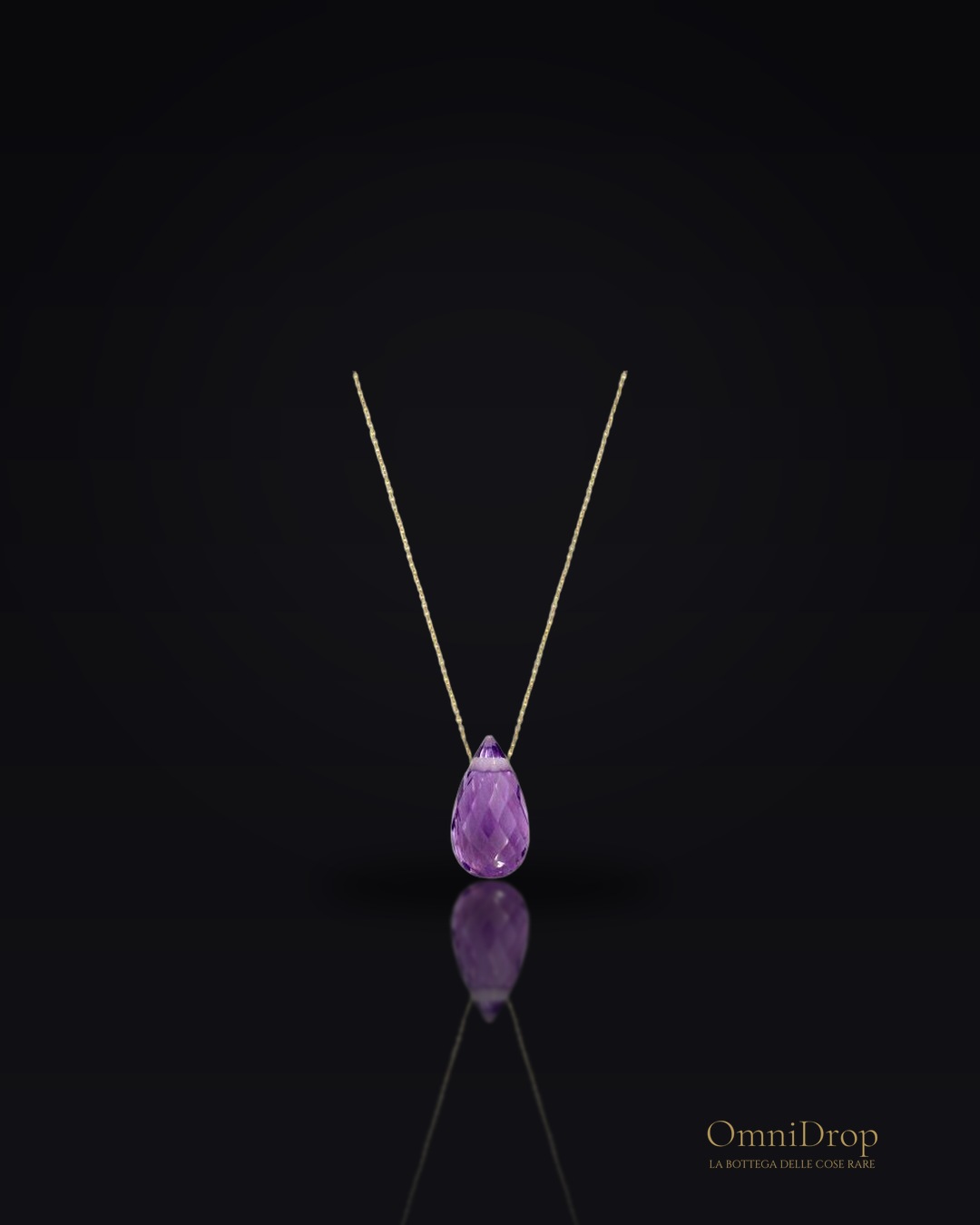 Collana con ametista viola naturale taglio goccia, in oro 750, lunghezza 42 + 3 cm