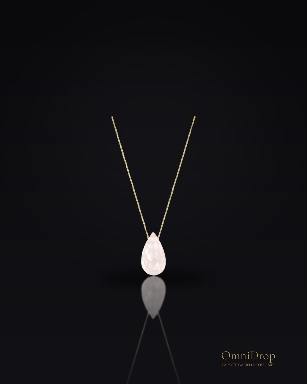 Collana con quarzo rosa naturale taglio goccia, in oro 750, lunghezza 42 + 3 cm