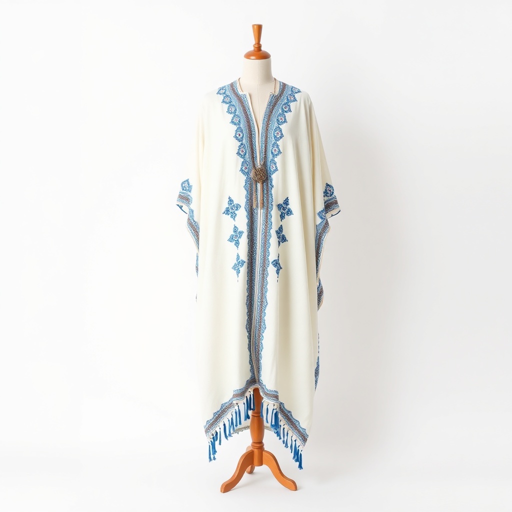 Libera e elegante, il kaftan in crema con ricamo blu e tasselli per donne che amano il comfort e la libertà — per sentir